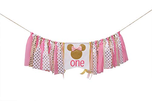 Pink and gold Minnie Mouse birthday banner, pink and gold Minnie Mouse highchair banner, pink and gold Minnie Mouse birthday decorations Girl 1st Birthday ,Photo Props Decoration, Baby Shower , Pink Party Decorations