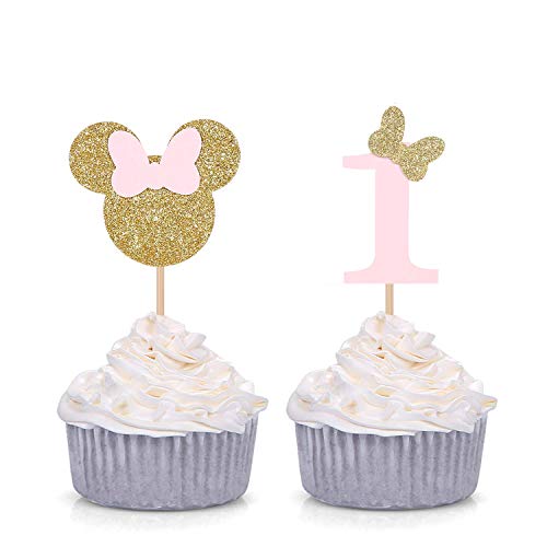 Minnie Mouse Inspired First Birthday Party Picks - Pink and Gold Baby Girl Cupcake Toppers - Set of 24