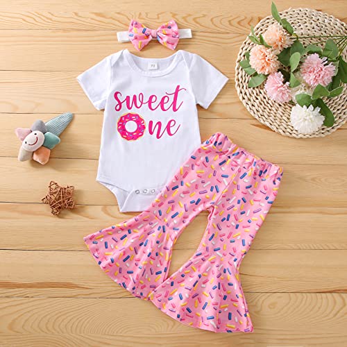 Toddler Baby Girls Birthday Outfits Sweet One/Two Sweet Romper Shirts Doughnut Shorts/Flared Pants Headband Set