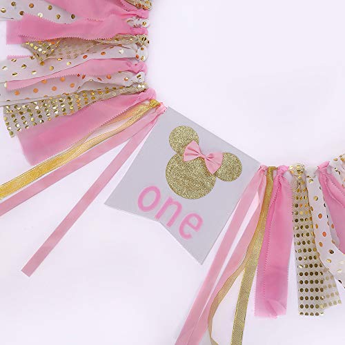 Pink and gold Minnie Mouse birthday banner, pink and gold Minnie Mouse highchair banner, pink and gold Minnie Mouse birthday decorations Girl 1st Birthday ,Photo Props Decoration, Baby Shower , Pink Party Decorations
