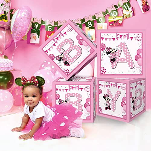 YCKens Pink Mouse Theme Baby Shower Boxes Decorations - 4PCS Pink Bow Mouse Gender Reveal First Birthday Party Decorations with BABY Letter for Girl Birthday Party Supplies