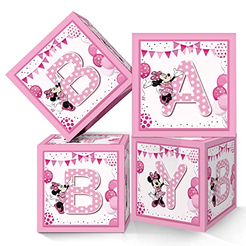 YCKens Pink Mouse Theme Baby Shower Boxes Decorations - 4PCS Pink Bow Mouse Gender Reveal First Birthday Party Decorations with BABY Letter for Girl Birthday Party Supplies
